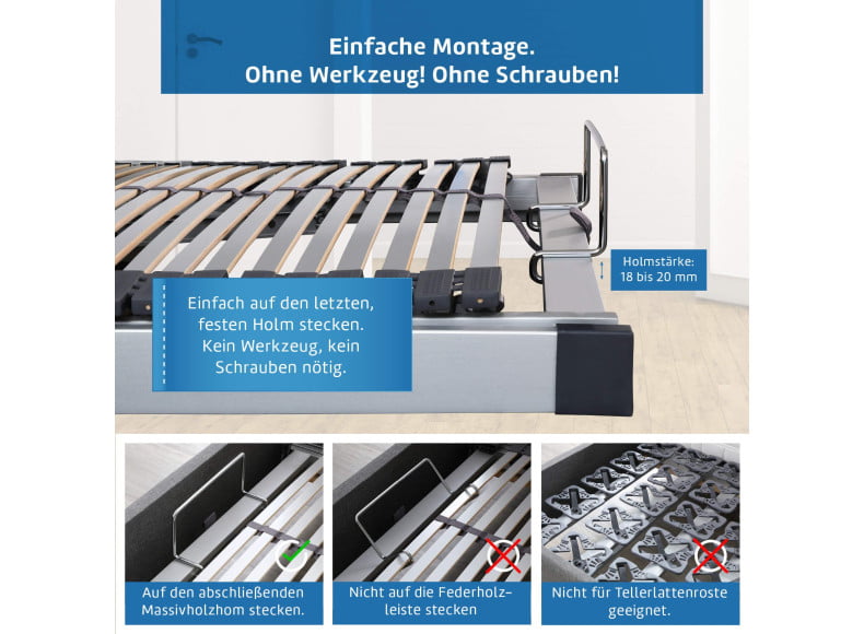 Einfache Montage am Kopf- oder Fußende des Lattenrostes