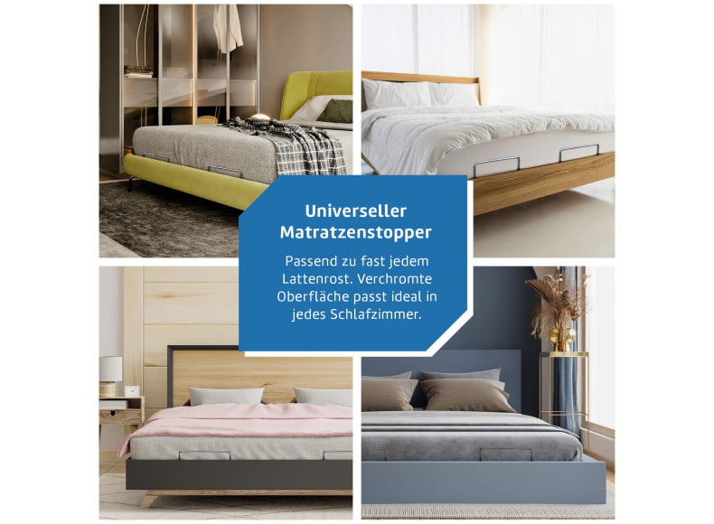 Universeller Matratzenstopper für fast alle Lattenroste. Verchromter Edelstahl, optisch passend zu jedem Bett