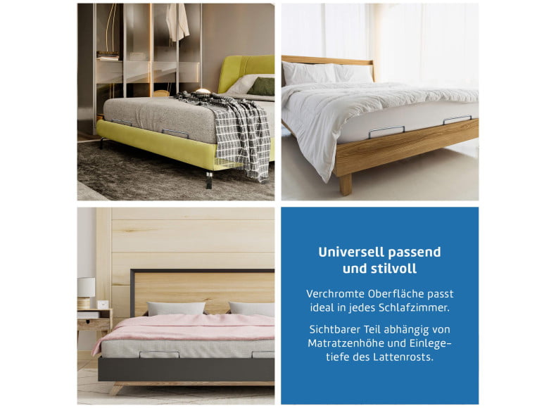 Universeller Matratzenstopper für fast alle Lattenroste. Verchromter Edelstahl, optisch passend zu jedem Bett
