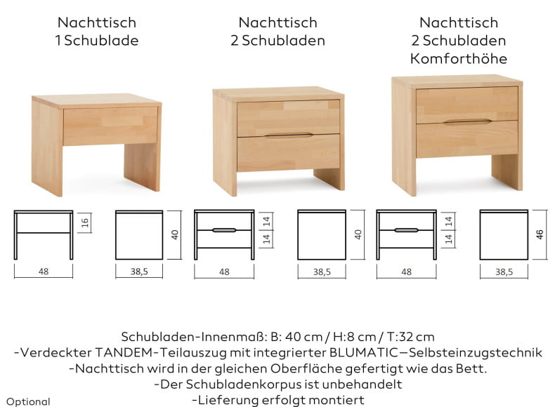 Option: Nachttisch mit 1 Schublade oder 2 Schubladen