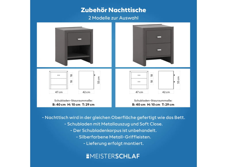 Optional: Nachttisch mit 1 Schublade oder 2 Schubladen (B47, H55, T42cm)
