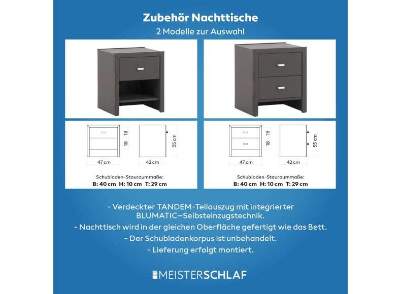 Optional: Nachttisch mit 1 Schublade oder 2 Schubladen (B47, H55, T42 cm)