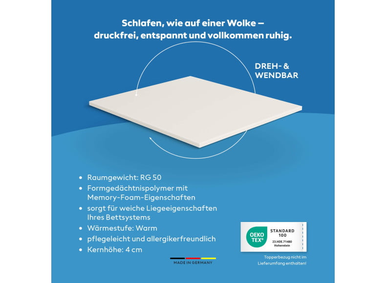 Ersatz Viscoschaum-Topperkern - druckfrei, entspannt und vollkommen ruhig schlafen