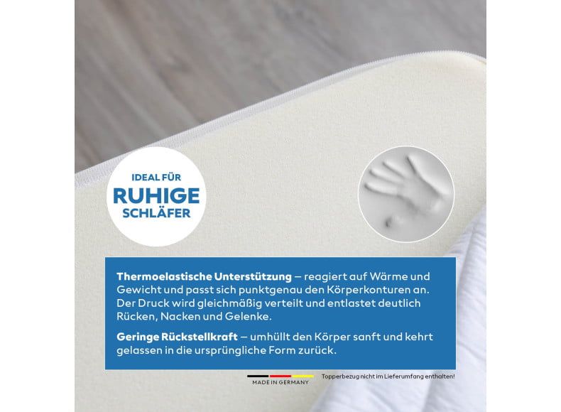 Ersatz Viscoschaum-Topperkern - reagiert auf Wärme und Gewicht und passt sich punktgenau den Körperkonturen an.