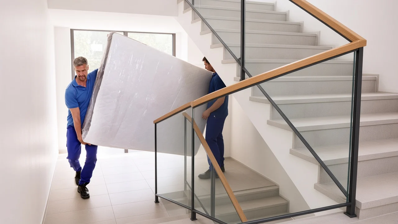 Zwei Personen tragen eine in Folie verpackte Matratze durch ein modernes Treppenhaus.